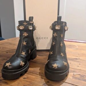Gucci Black Leather Booties with Gold Star and Bee Accents